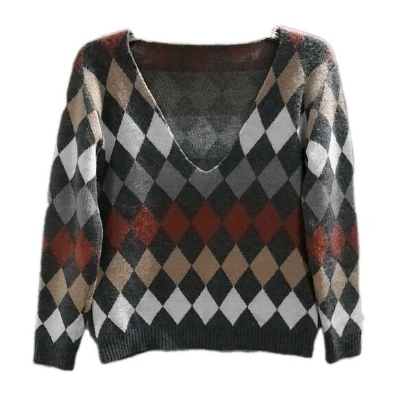 NORDSTROM Collection Deep V Neck Gray Argyle Soft Wool Blend layering Sweater  S - Picture 1 of 3